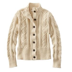 LL Bean Women's Signature Cotton Fisherman Sweater, Short Cardigan Cream